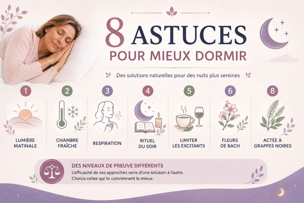 8 astuces naturelles pour mieux dormir à la ménopause : lumière matinale, chambre fraîche, respiration, rituel du soir, plantes et hygiène de vie.