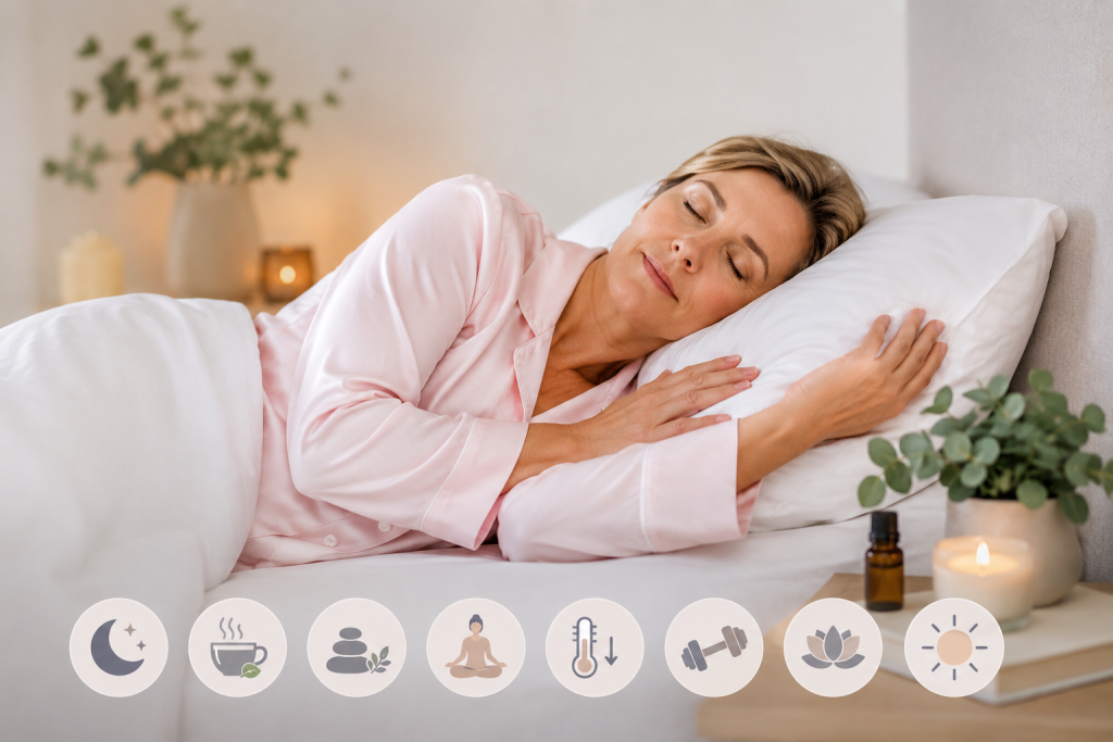 Femme à la ménopause dormant paisiblement avec des symboles illustrant des solutions naturelles pour mieux dormir