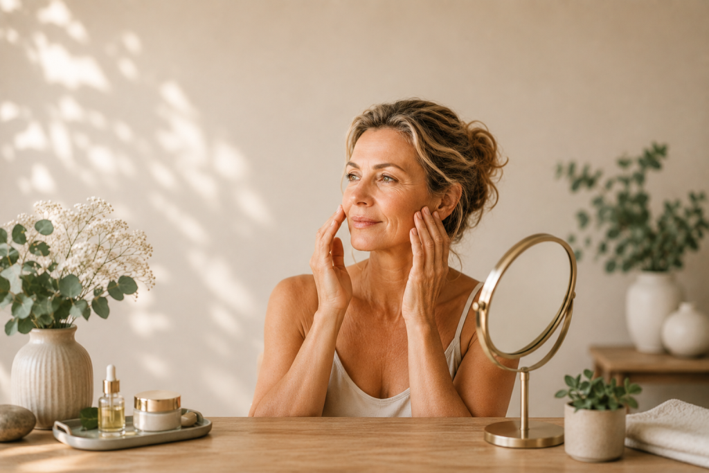 Rides et relâchement cutané à la ménopause : causes et solutions Femme mature observant les rides et le relâchement cutané de son visage à la ménopause devant un miroir.