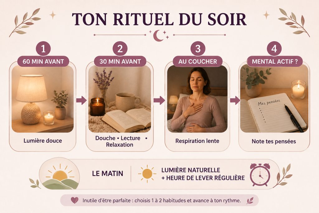Rituel du soir en 4 étapes pour mieux dormir à la ménopause : lumière douce, relaxation, respiration lente et écriture des pensées.
