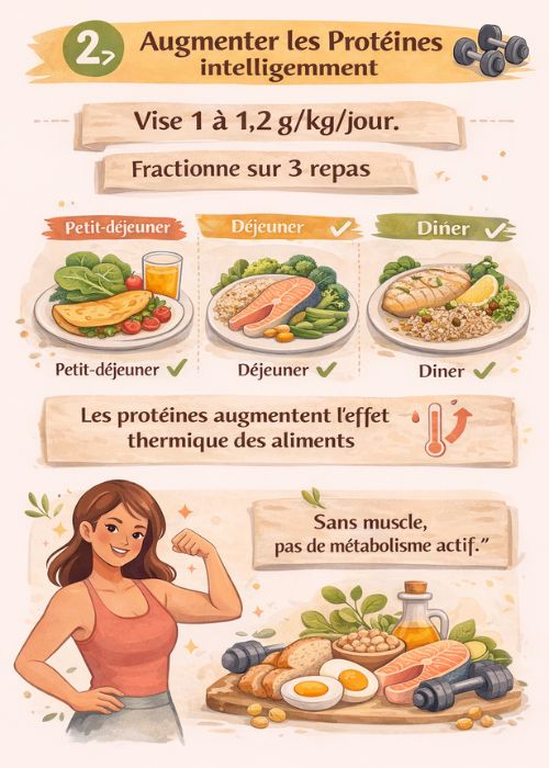 Infographie verticale sur l’importance des protéines à la ménopause : 1 à 1,2 g/kg/jour, fractionnement sur 3 repas et effet thermique des aliments