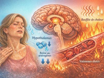 Illustration expliquant le mécanisme des bouffées de chaleur à la ménopause : baisse des œstrogènes, dérèglement de l’hypothalamus, dilatation des vaisseaux sanguins et sensation de chaleur intense.
