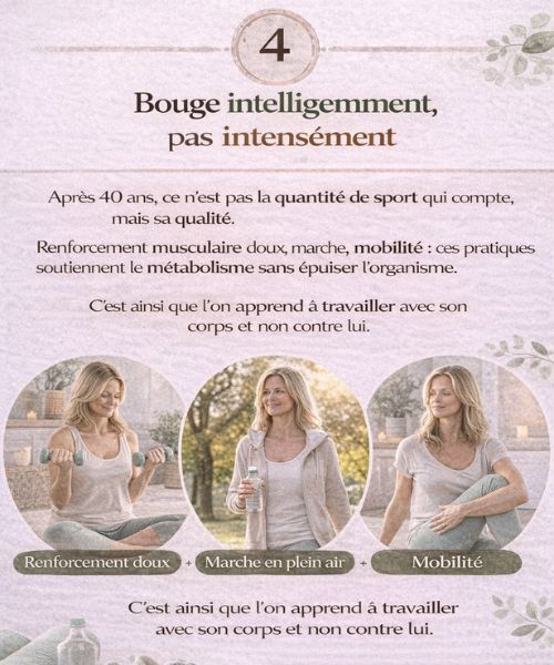 Femme de plus de 40 ans pratiquant une activité physique douce combinant renforcement musculaire léger, marche et mobilité pour soutenir le métabolisme sans épuisement