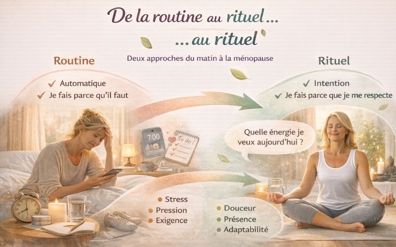 Routine du matin à la ménopause

Infographie comparant une routine automatique stressante et un rituel bien-être intentionnel chez une femme à la ménopause, illustrant la transition vers un réveil plus doux et respectueux.