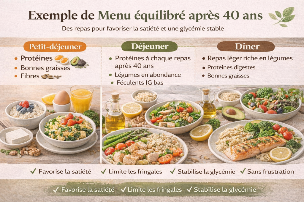 Exemple de menu équilibré après 40 ans montrant un petit-déjeuner, un déjeuner et un dîner adaptés pour arrêter de prendre du poids après 40 ans