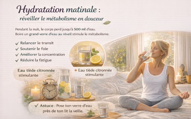Infographie montrant une femme à la ménopause buvant un verre d’eau au réveil, avec des indications sur les bienfaits de l’hydratation matinale, du mouvement doux et de la respiration.