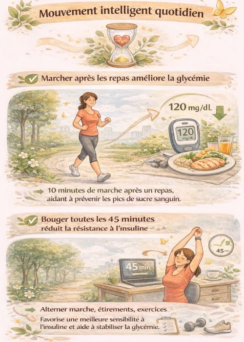 Infographie verticale montrant l’importance du mouvement intelligent quotidien à la ménopause : marcher après les repas pour améliorer la glycémie et bouger toutes les 45 minutes pour réduire la résistance à l’insuline.