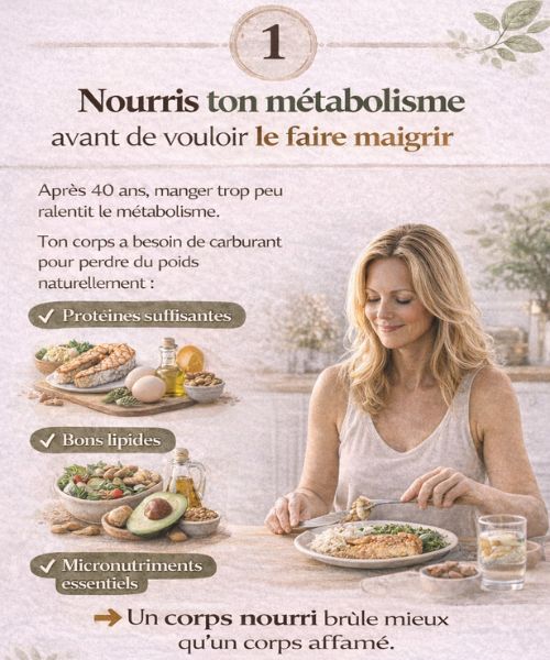 Nourrir son métabolisme après 40 ans avec des protéines, de bonnes graisses et des micronutriments pour favoriser une perte de poids naturelle.