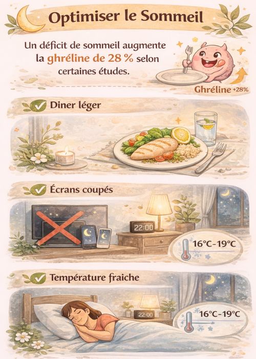 Infographie verticale expliquant comment optimiser le sommeil à la ménopause : déficit de sommeil et hausse de la ghréline de 28 %, dîner léger, écrans coupés et température fraîche pour soutenir le métabolisme.