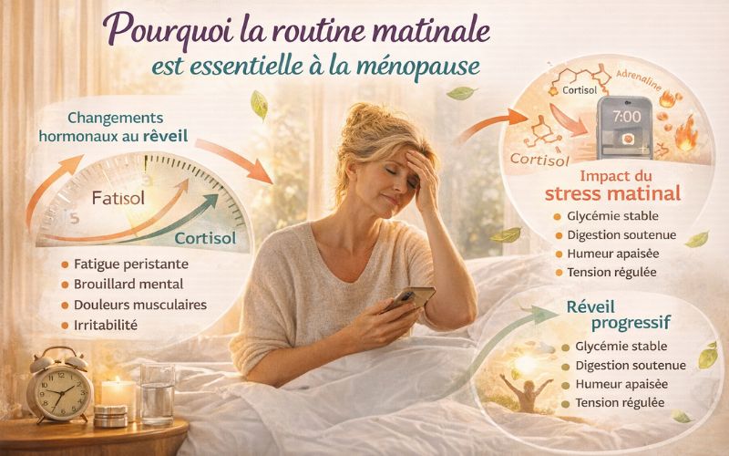 Routine du matin à la ménopause

Infographie montrant une femme au réveil regardant son téléphone, illustrant les effets du cortisol, du stress matinal et l’importance d’un réveil progressif à la ménopause.