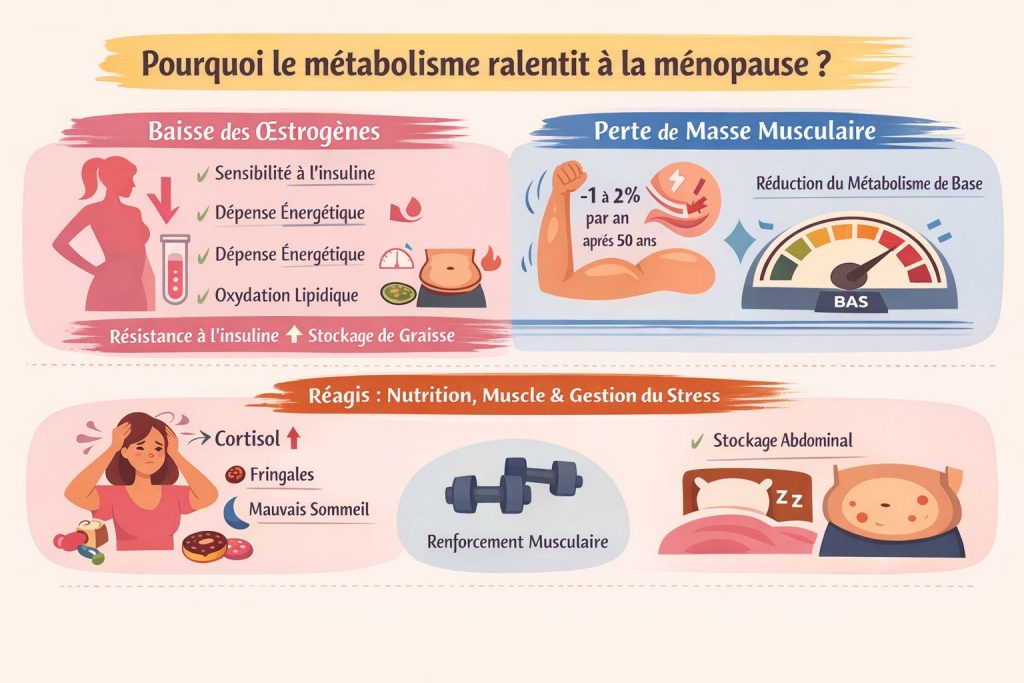 Infographie expliquant pourquoi le métabolisme ralentit à la ménopause : baisse des œstrogènes, perte de masse musculaire, cortisol et troubles du sommeil