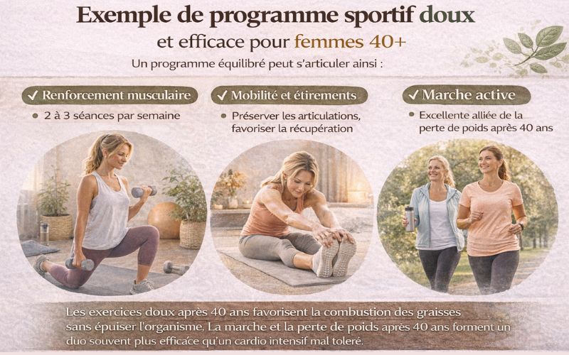 Exemple de programme sportif doux et efficace pour femmes après 40 ans avec renforcement musculaire, mobilité et marche active pour favoriser la perte de poids