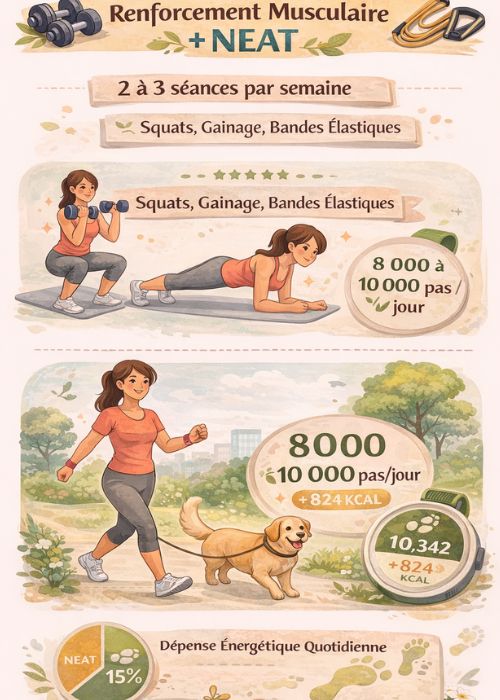 Infographie verticale sur le renforcement musculaire et le NEAT : 2 à 3 séances par semaine, 8 000 à 10 000 pas par jour et impact sur la dépense énergétique
