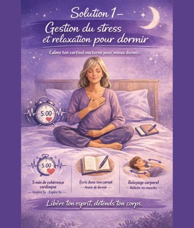 Femme ménopausée pratiquant la cohérence cardiaque avant de dormir, illustrant une solution naturelle pour réduire le cortisol 