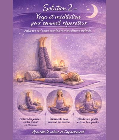 
Femme ménopausée pratiquant la posture des jambes contre le mur et la méditation pour réduire le stress et améliorer les troubles du sommeil à la ménopause.