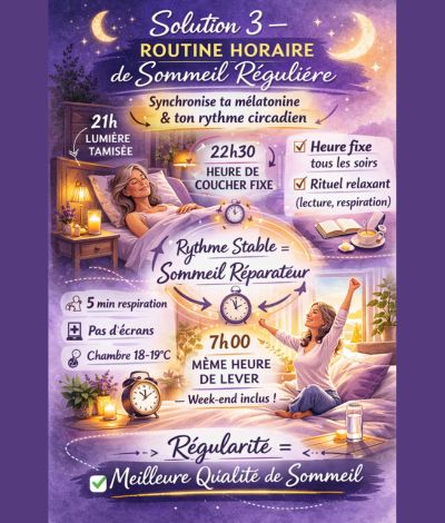 
Infographie illustrant une routine horaire de sommeil régulière à la ménopause avec heure de coucher fixe, lumière tamisée et lever à heure constante pour améliorer la qualité du sommeil.