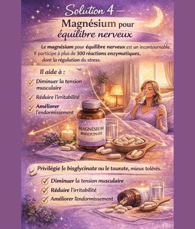 
Infographie illustrant le magnésium bisglycinate pour réduire le stress, améliorer l’endormissement et soutenir l’équilibre nerveux pendant la ménopause.