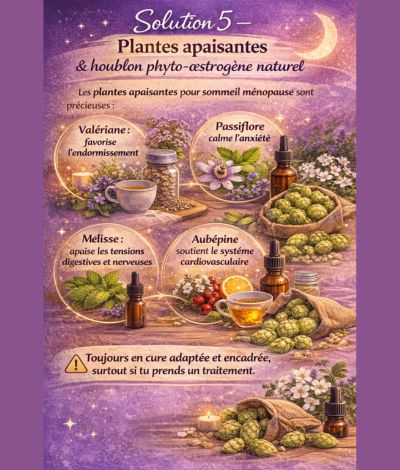 Infographie présentant les plantes apaisantes pour le sommeil à la ménopause comme la valériane, la passiflore, la mélisse, l’aubépine et le houblon phyto-œstrogène naturel.