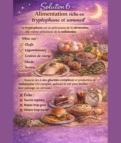 Infographie présentant une alimentation riche en tryptophane (œufs, légumineuses, graines de courge, dinde, avoine) pour favoriser la production de mélatonine et améliorer le sommeil à la ménopause.