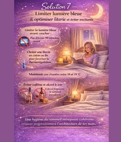 Infographie illustrant une hygiène du sommeil à la ménopause : limiter la lumière bleue, choisir une literie en coton ou lin, maintenir une chambre à 18-19°C et éviter caféine et alcool le soir.