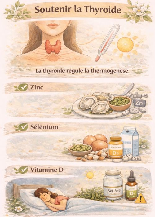 Infographie verticale sur le soutien de la thyroïde à la ménopause montrant le rôle du zinc, du sélénium, de la vitamine D et de l’iode (avec prudence) pour réguler la thermogenèse et le métabolisme.
