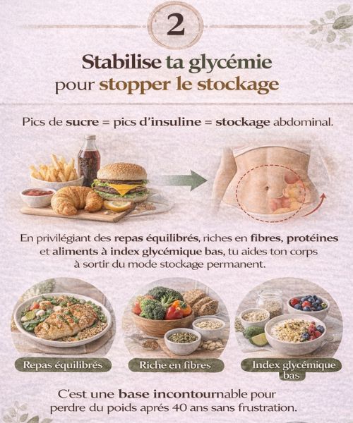 Stabiliser la glycémie après 40 ans grâce à des repas équilibrés, riches en fibres, protéines et aliments à index glycémique bas pour limiter le stockage abdominal.