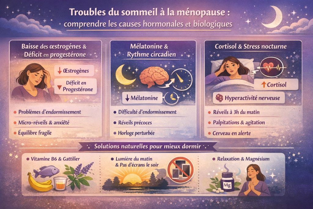 Infographie expliquant les troubles du sommeil à la ménopause : baisse des œstrogènes, déficit en progestérone, diminution de la mélatonine, cortisol nocturne et solutions naturelles.