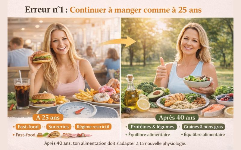 Comparaison entre l’alimentation à 25 ans et après 40 ans montrant pourquoi continuer à manger comme à 25 ans favorise la prise de poids après 40 ans chez la femme.