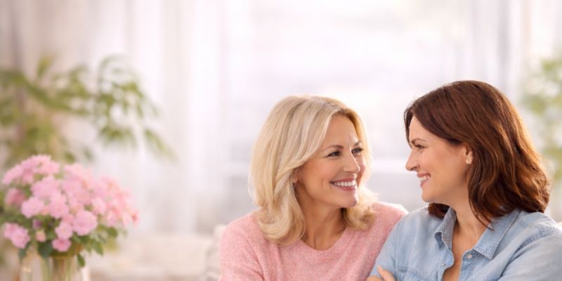 Forum ménopause Deux femmes discutant avec bienveillance dans un groupe de soutien autour de la ménopause et des solutions naturelles