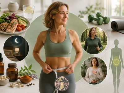 Femme de plus de 40 ans mesurant son tour de taille entourée d’aliments sains, d’activité physique et de routines bien-être pour réduire la graisse abdominale en préménopause