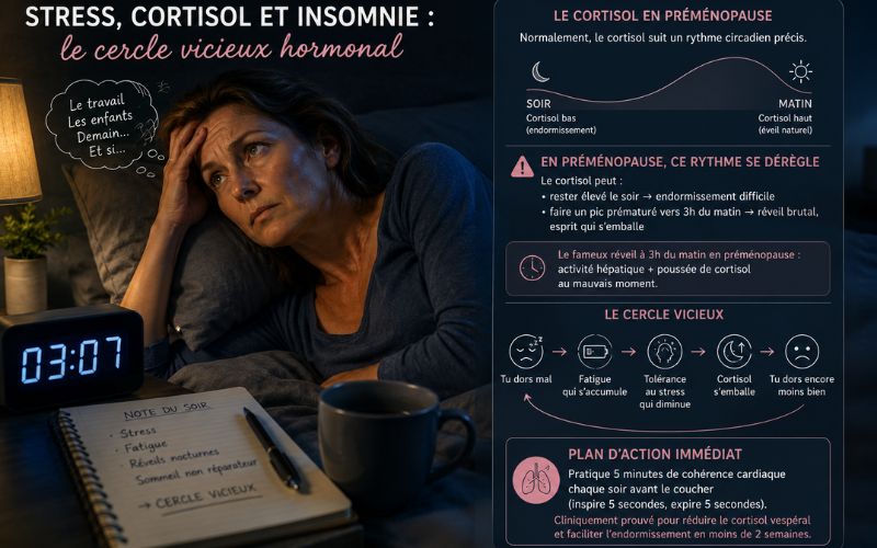 femme réveillée à 3h du matin insomnie préménopause cortisol nocturne stress et sommeil perturbé hormones féminines