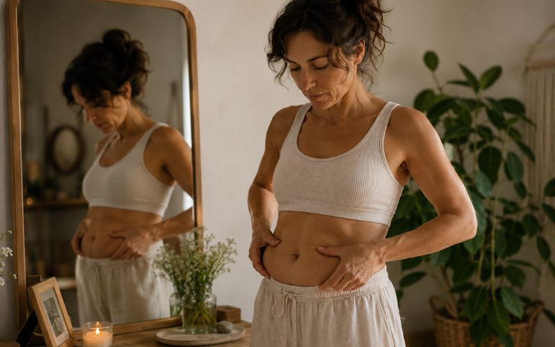 Comment perdre la graisse abdominale en préménopause ?
Femme en préménopause observant sa graisse abdominale devant un miroir dans une ambiance douce et naturelle