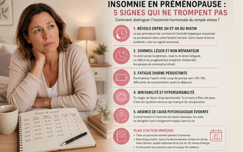 femme fatiguée préménopause avec journal du sommeil illustrant les signes de l’insomnie hormonale et les réveils nocturnes entre 2h et 4h