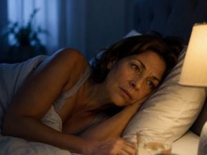 Femme de 45-50 ans éveillée la nuit dans son lit regardant l’heure, souffrant d’insomnie liée à la préménopause
