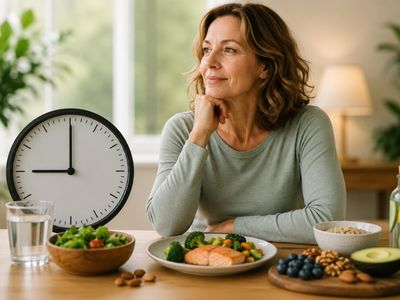Jeûne intermittent en préménopause : bonne ou mauvaise idée ?Femme de plus de 40 ans pratiquant le jeûne intermittent avec repas équilibré et horloge dans une ambiance apaisante