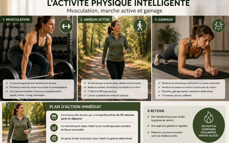 Comment perdre la graisse abdominale en préménopause ?Illustration de la musculation, de la marche active et du gainage pour soutenir le métabolisme et réduire la graisse abdominale en préménopause