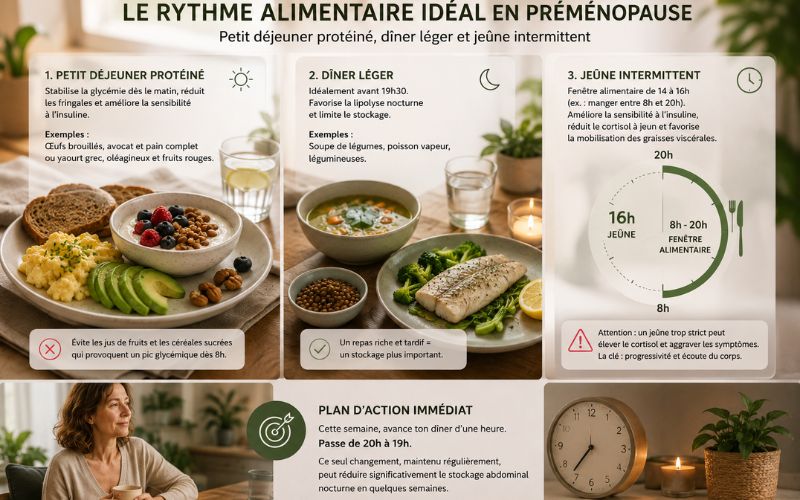 Illustration du rythme alimentaire idéal en préménopause avec petit déjeuner protéiné, dîner léger et jeûne intermittent