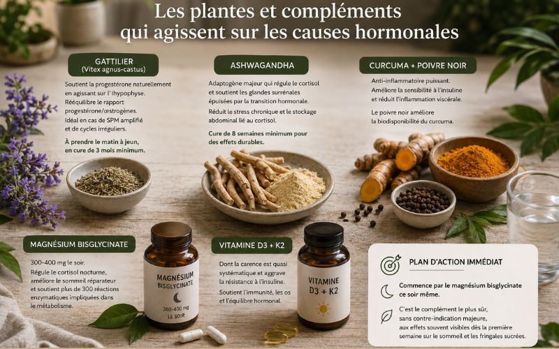 Illustration des plantes et compléments naturels comme le gattilier, l’ashwagandha, le curcuma et le magnésium pour soutenir l’équilibre hormonal féminin