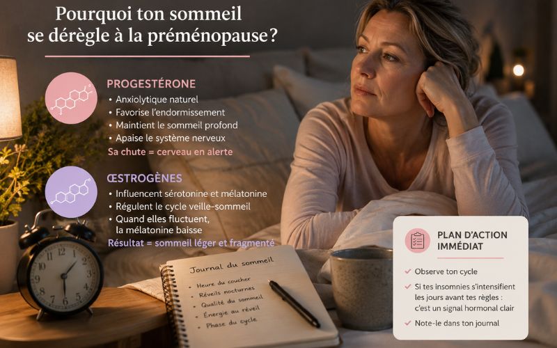 femme préménopause réveillée la nuit expliquant le rôle de la progestérone et des œstrogènes sur les troubles du sommeil et les réveils nocturnes