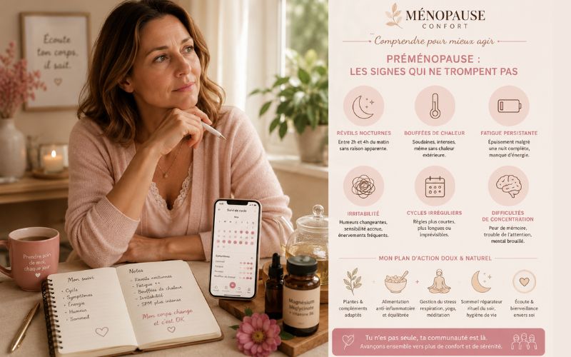 femme préménopause utilisant une application de suivi de cycle avec journal du sommeil pour analyser insomnie hormonale et cycles irréguliers