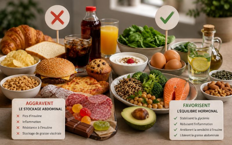 Comment perdre la graisse abdominale en préménopause ?
Comparaison entre aliments favorisant le stockage abdominal et aliments soutenant l’équilibre hormonal en préménopause