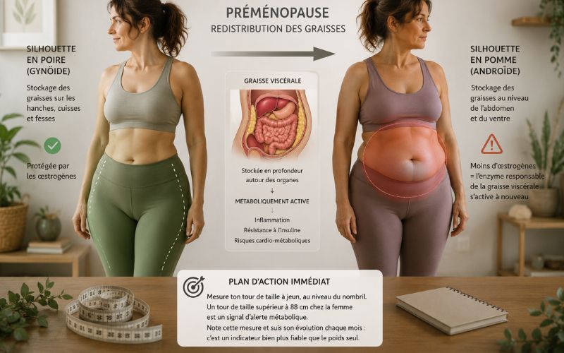 Comment perdre la graisse abdominale en préménopause ?
Illustration de la transition d’une silhouette en poire vers une silhouette en pomme en préménopause avec accumulation de graisse abdominale