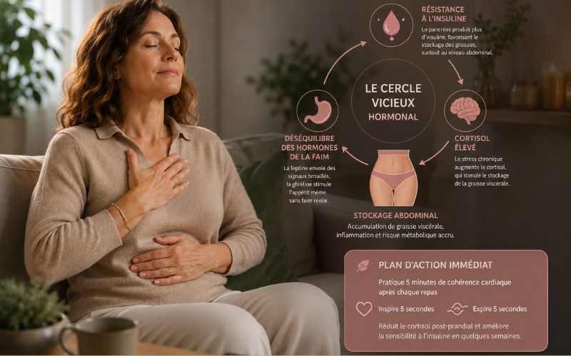 Comment perdre la graisse abdominale en préménopause ?
Femme pratiquant la cohérence cardiaque avec illustration du lien entre cortisol, insuline et stockage abdominal en préménopause
