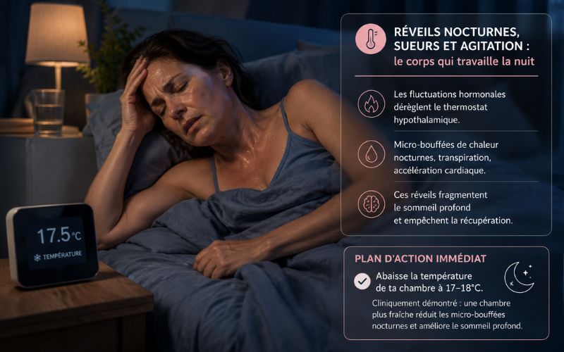 femme préménopause réveillée en sueur la nuit avec insomnie hormonale liée aux fluctuations des hormones et micro bouffées de chaleur nocturnes