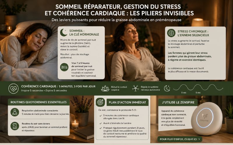 Comment perdre la graisse abdominale en préménopause ?Femme pratiquant la cohérence cardiaque et favorisant un sommeil réparateur pour réduire le stress et la graisse abdominale en préménopause