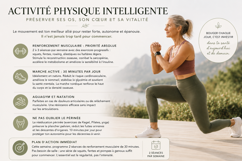Infographie sur l'activité physique en postménopause présentant le renforcement musculaire, la marche active, l'aquagym et les exercices du périnée, illustrée par une femme mature réalisant un exercice de fente en extérieur.