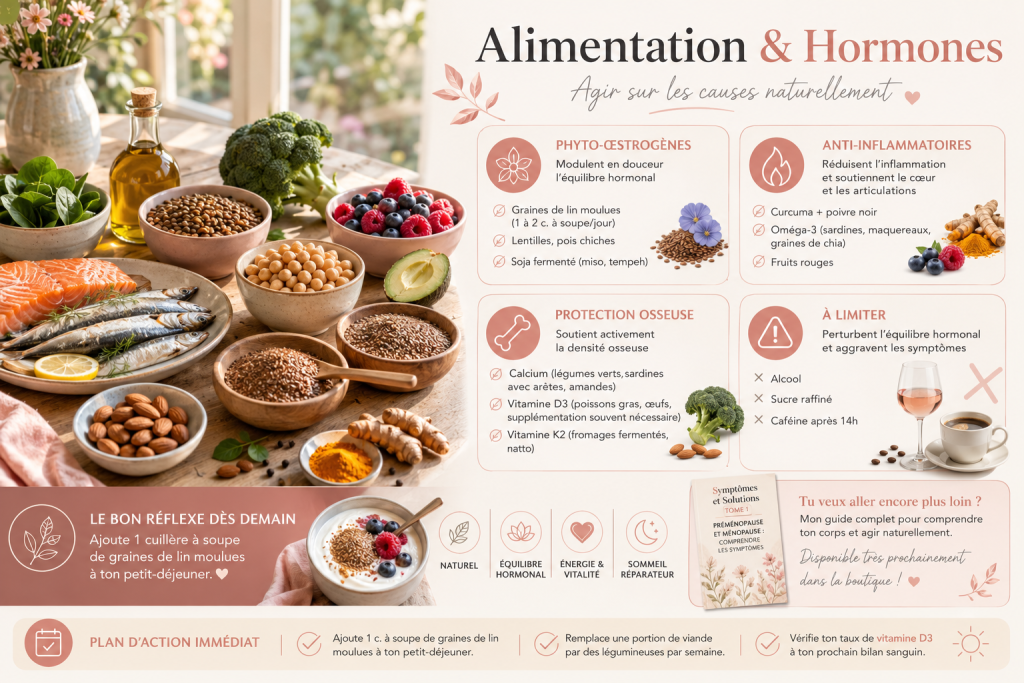 Infographie présentant les principaux aliments favorables à l'équilibre hormonal pendant la ménopause : graines de lin, légumineuses, poissons gras, fruits rouges, légumes verts, amandes, curcuma et aliments riches en calcium, vitamine D3 et oméga-3.