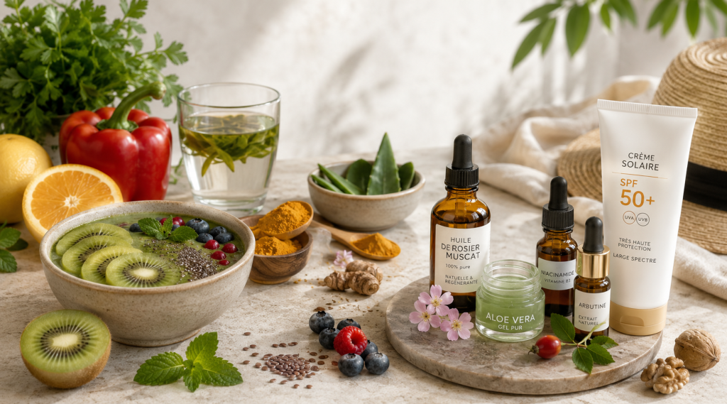 Composition de produits naturels et d’aliments favorisant l’éclat de la peau : kiwi, agrumes, poivron rouge, curcuma, aloe vera, huile de rosier muscat, niacinamide, arbutine et crème solaire SPF 50+ sur une table lumineuse.