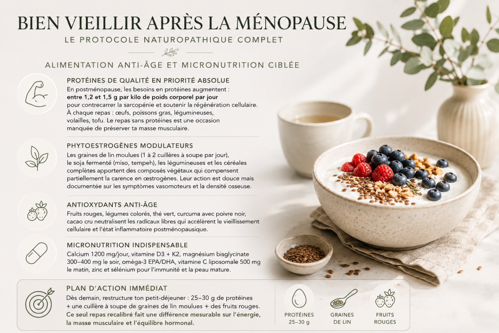 Infographie sur l'alimentation anti-âge en postménopause présentant les protéines, phytoestrogènes, antioxydants et micronutriments essentiels, accompagnée d'un petit-déjeuner sain composé de fruits rouges et de graines de lin.