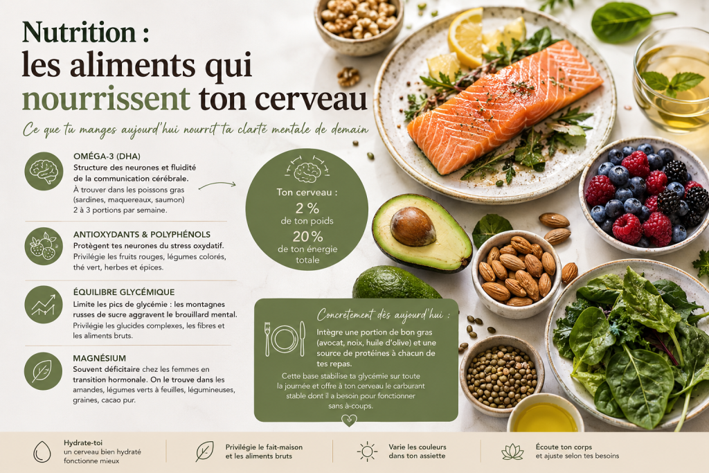Infographie nutritionnelle présentant des aliments favorables au cerveau : saumon riche en oméga-3, avocat, amandes, légumes verts, fruits rouges et huile d'olive, avec des conseils pour améliorer la concentration, la mémoire et la clarté mentale pendant la préménopause et la ménopause.